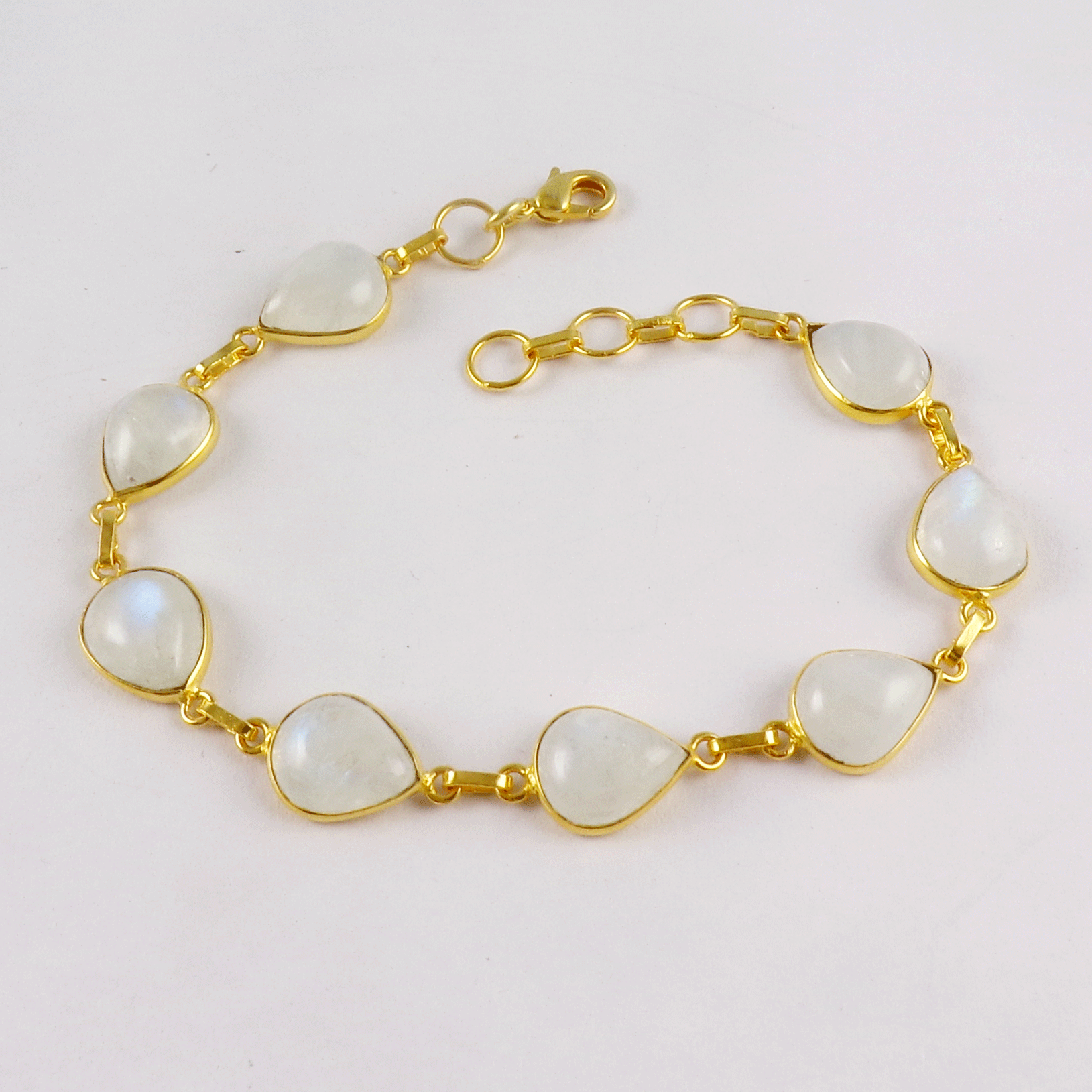 Natural Rainbow Moonstone Brass Bracelet F - BZB999 18K Gold Plated Cab Pear Shape 8x10mm Bezel Setting Brass Bracelet